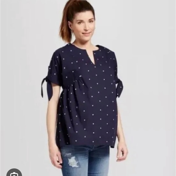 NWT Isabel Maternity (size L)Navy Polka Dot Short sleeves, keyhole ties, Top - Picture 2 of 11